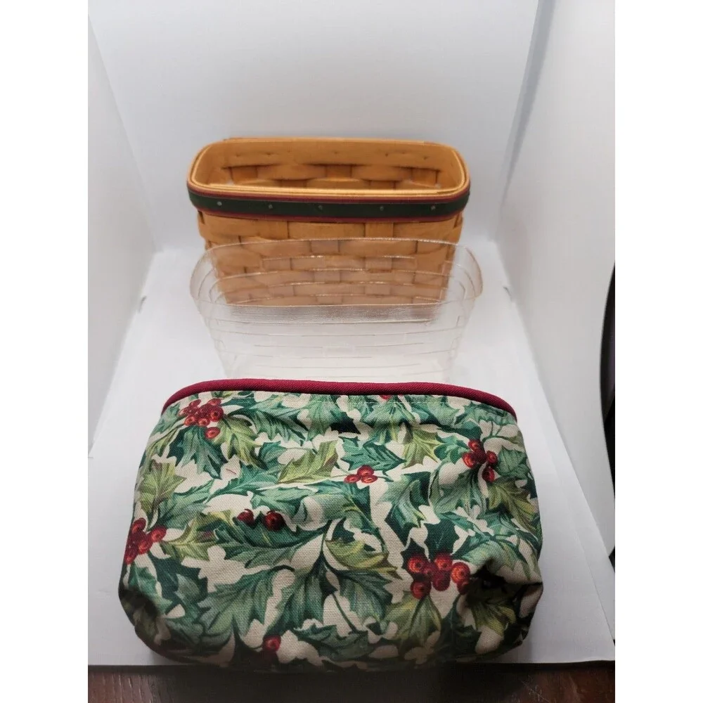 Longaberger 2004 Holiday Helper Basket Set Green Liner Protector Napkins Cards